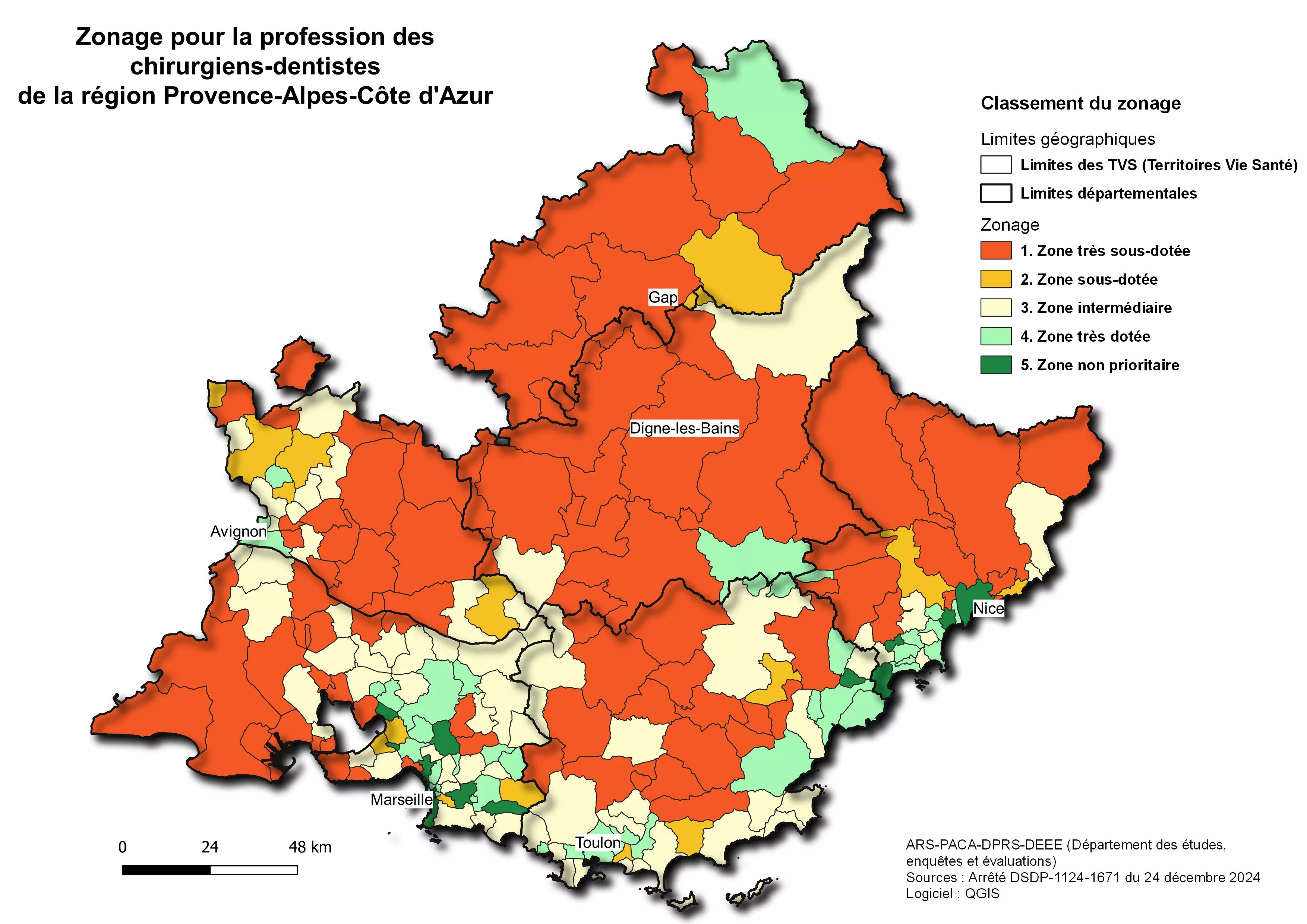 Carte du zonage des chirurgiens-dentistes libéraux PACA